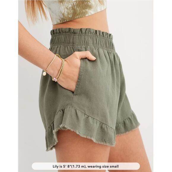 Aerie High Waisted Linen Ruffle Shorts Olive Green Size L - Picture 2 of 10